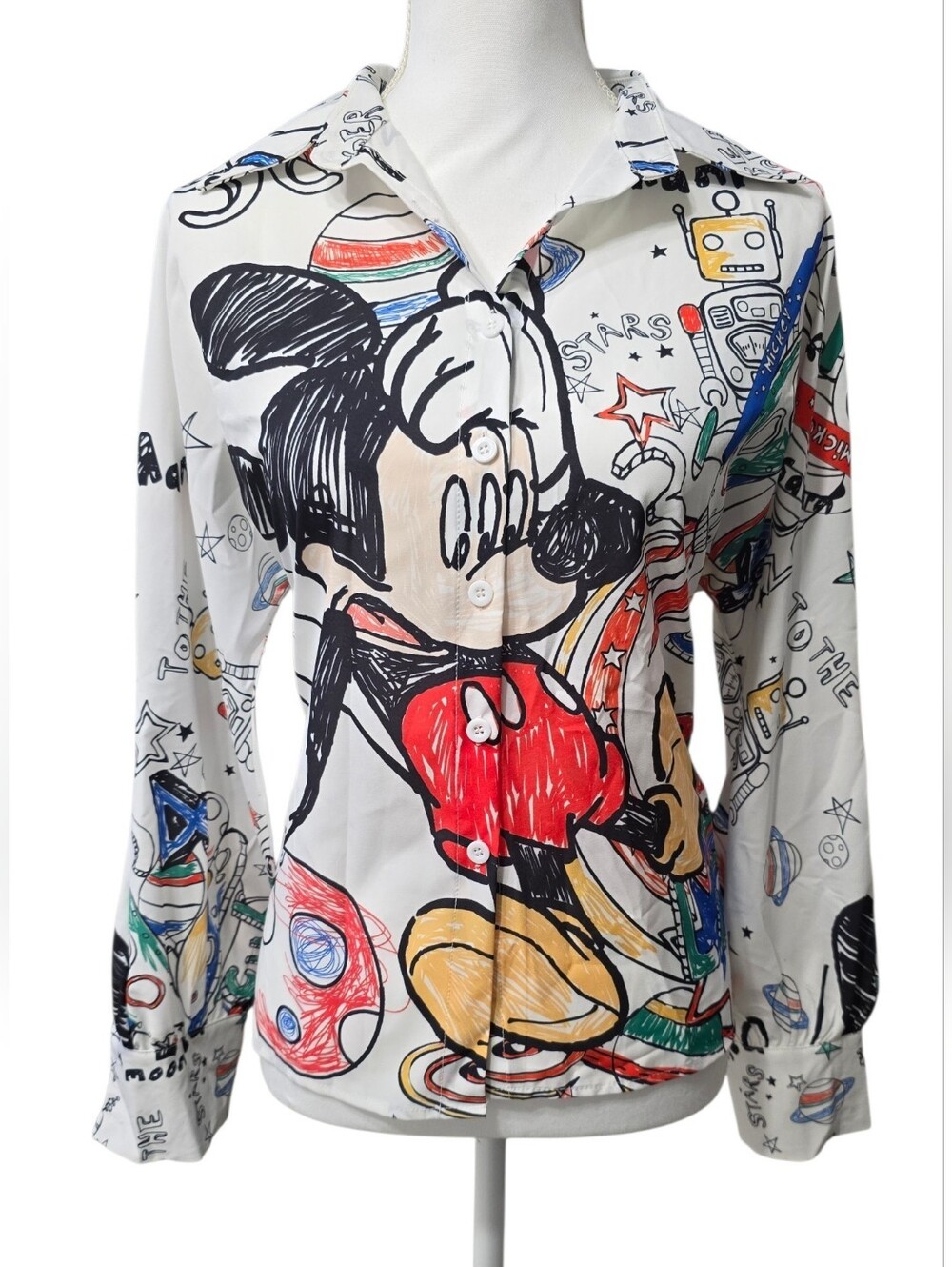 Zcrave Mickey Mouse Button-Up Shirt with Black Line Art & Bright Accents